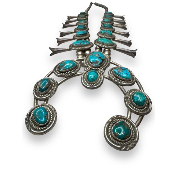 Native American Old Pawn Squash Blossom Necklace 26" Sterling Silver & Turquoise - Picture 14 of 16